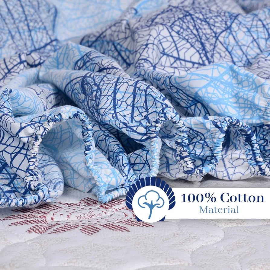 Divine Casa 144 TC Cotton Fitted Bedsheet for Double Bed Elegant Iris Print Dry Leaf Blue Elastic Fit with 2 Pillow Covers