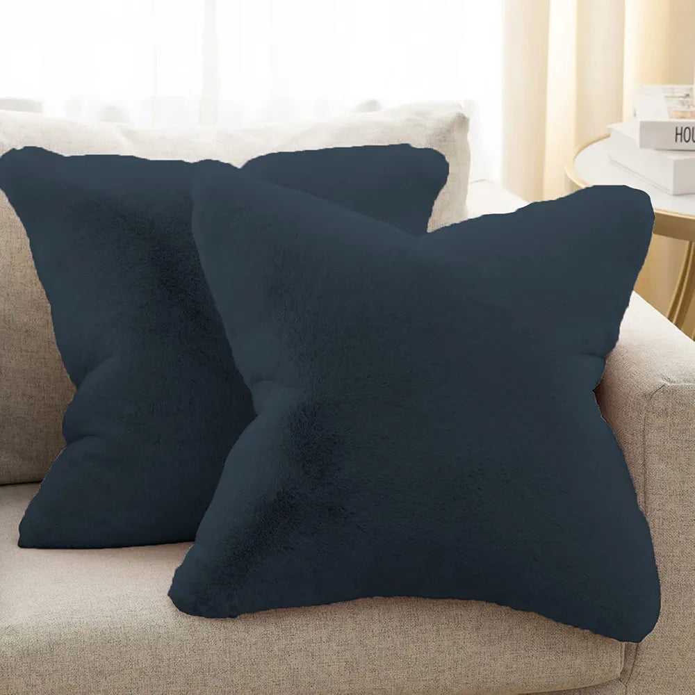 Luxe Home Cushion Cover One Side Rabbit Fur Plain Design Covers Set of 2 Anthra