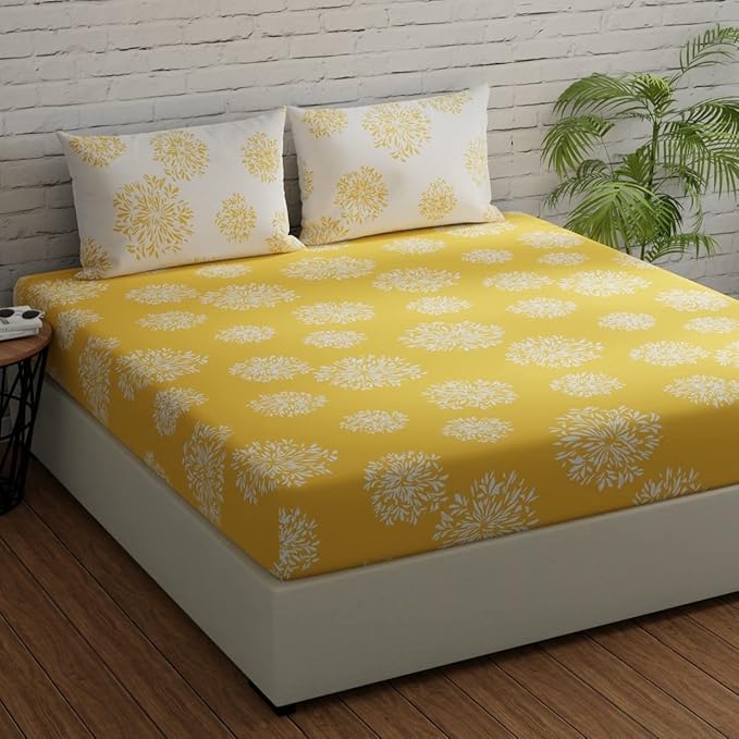 Huesland by Ahmedabad Cotton 144 TC Bedsheet for King Size Bed with 2 Pillow Covers | Yellow & White