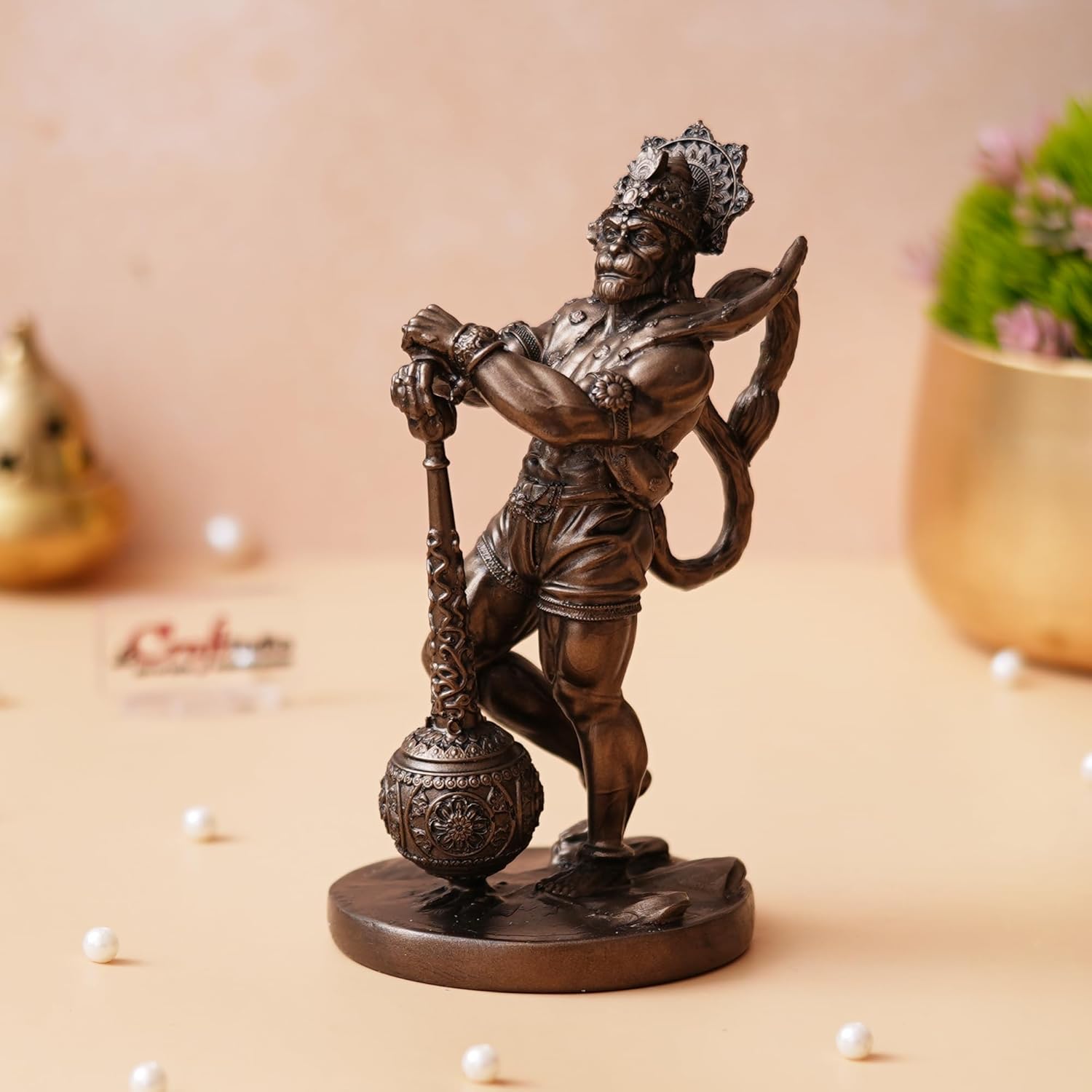 Ecraftindia Golden Polyresin Handcrafted Standing Lord Hanuman Statue With Gada/ Mace | Ideal for Hanuman Jayanti