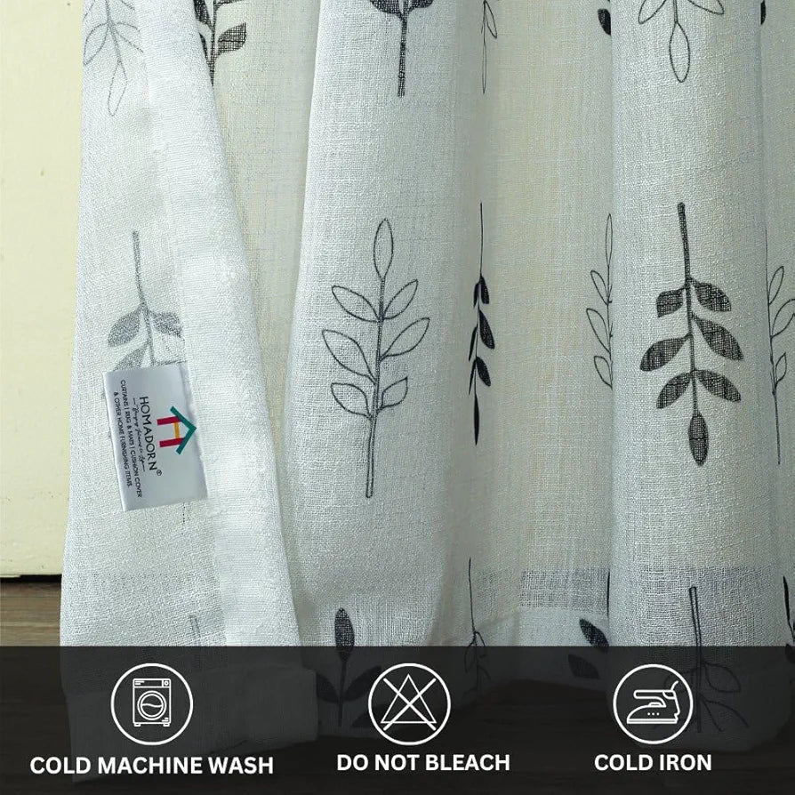Homadorn Linen Sheer Printed Semi Transparent Curtains for Window Set of 2 Black Foliate