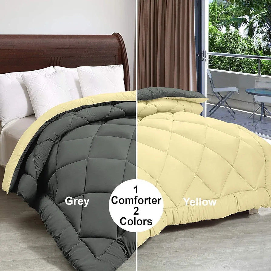 Cloth Fusion Reversible AC Comforter Set Double Bed Soft Microfibre King Size Quilt Blanket for Winter Yellow & Grey