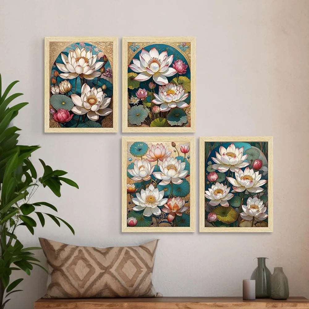 ArtX Paper Lotus Flowers Art Paintings With Frame Multicolor Set of 4