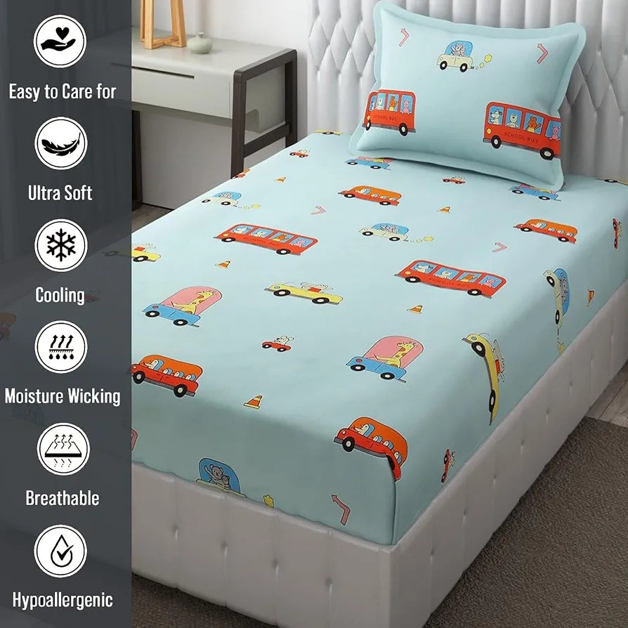 Fresh From Loom Soft Hypoallergenic Bed Sheet Cartoon Printed Single Bedsheet Kids Bedsheet With 1 Pillow Cover 144 tc Aqua