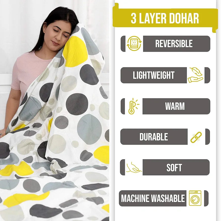 Divine Casa 100% Cotton Reversible Double Dohar Lightweight & Breathable AC Blanket Colour Geometric Silver & Lemon