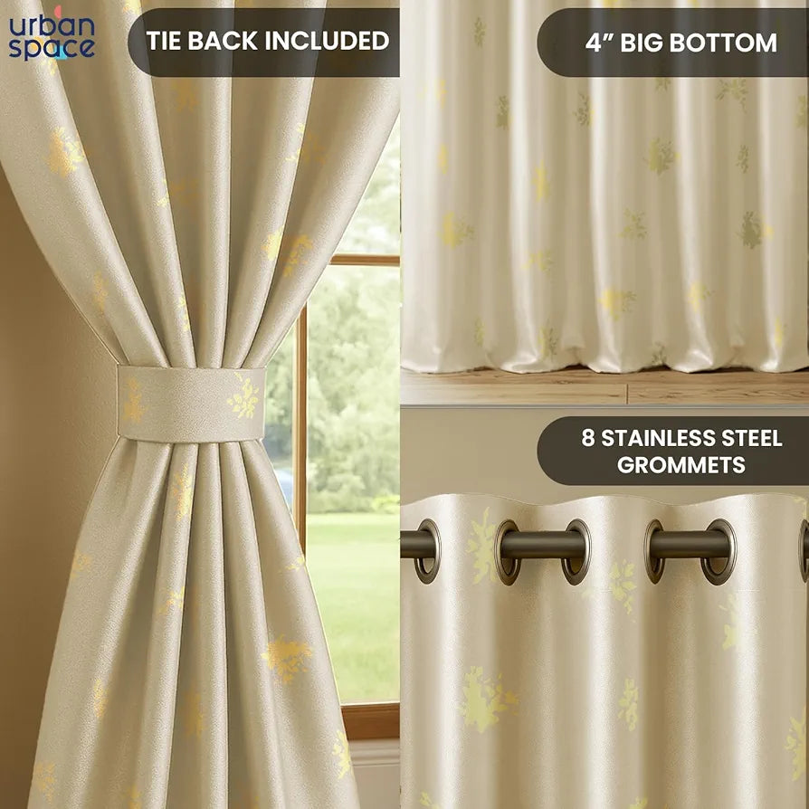 Urban Space Blackout Curtains for Living Room, Gold Foil Printed Luxurious Blackout Decorative Door Curtain Eyelet with Tieback, 1 Piece Crackle Beige