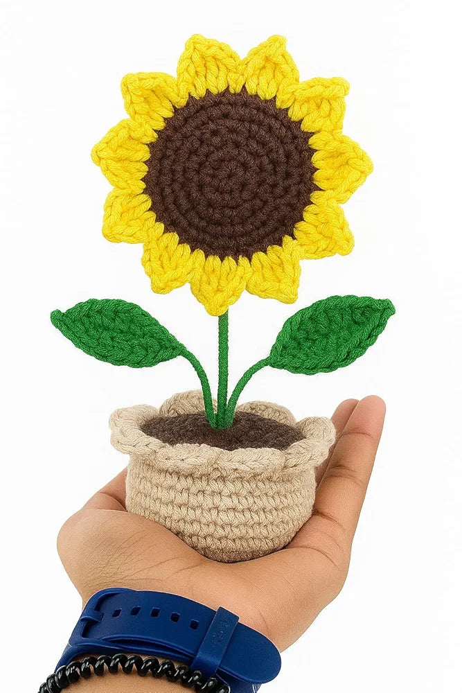 Crochet Sunflower in Pot Decorative Table Showpiece Cute Woolen Flower