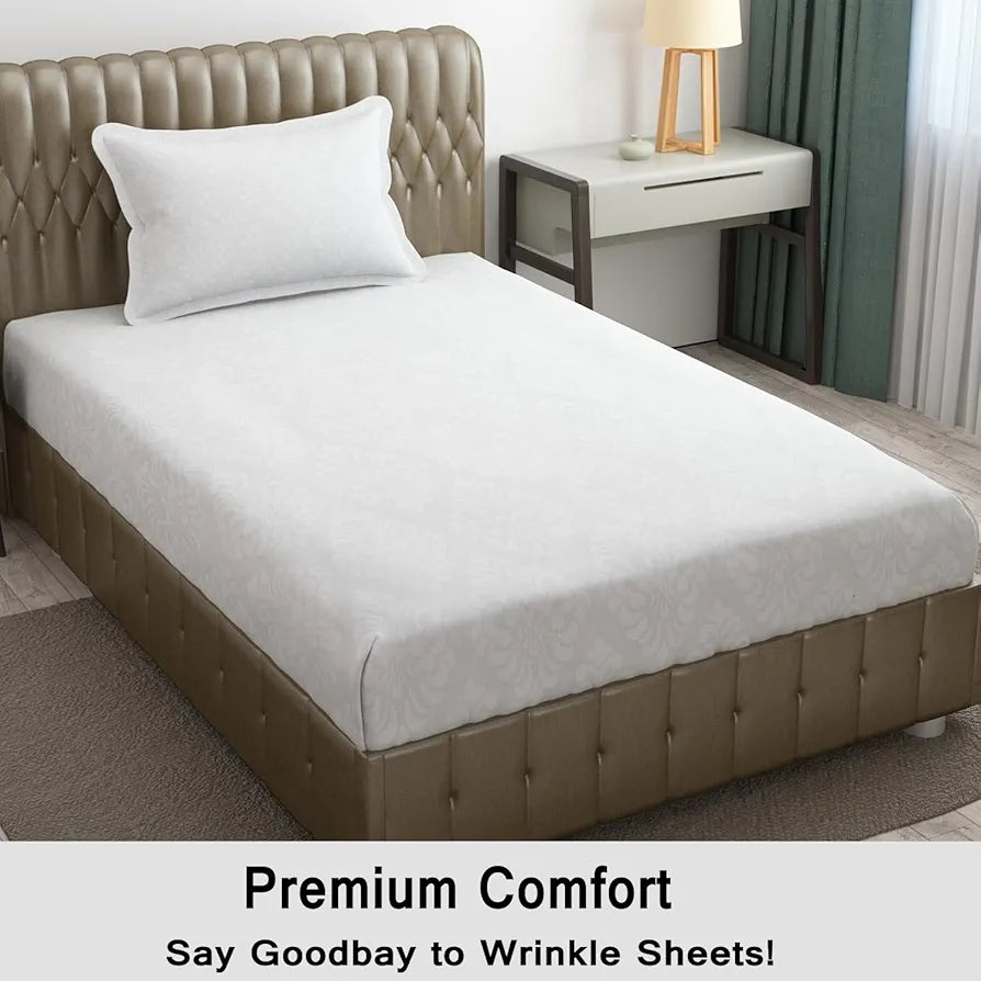 Fresh From Loom Hypoallergenic Microfiber Single Bedsheet Rotary Printed Wrinkle Free with 1 Pillow Covers 144 TC White Damas