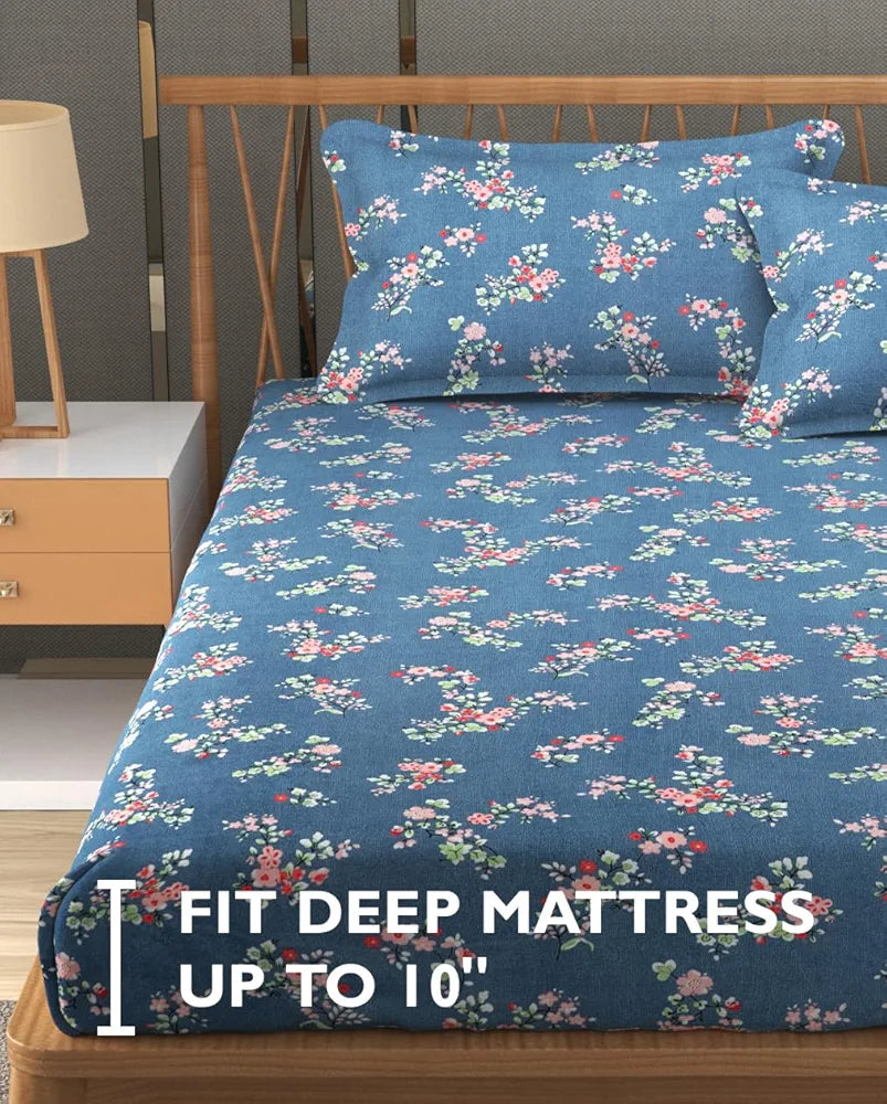 Fresh From Loom Anti Fade Floral Print 240 TC Microfiber King Size Bedsheet with 2 Pillow Covers Greyish-Blue