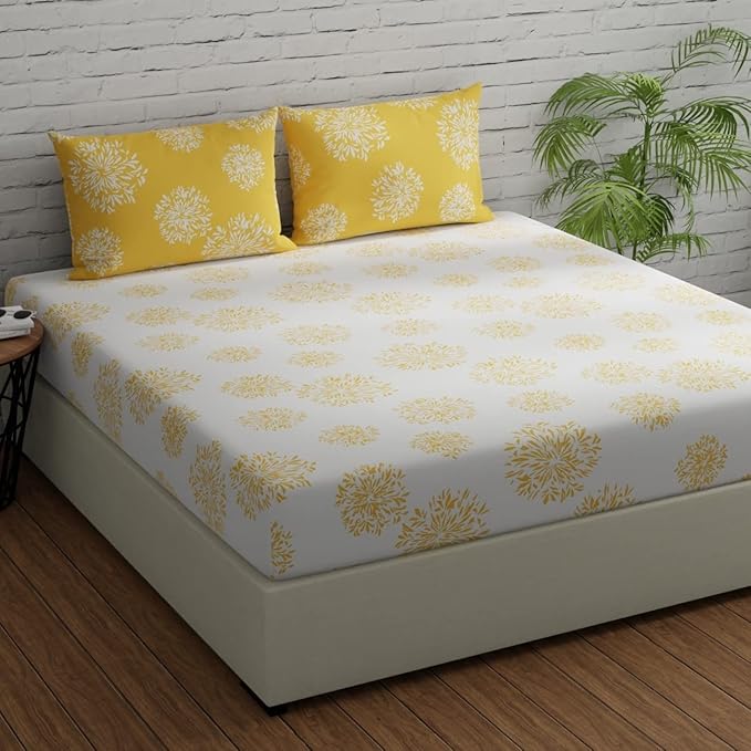 Huesland by Ahmedabad Cotton 144 TC King Size Bedsheet Cotton with 2 Pillow Covers | White & Yellow