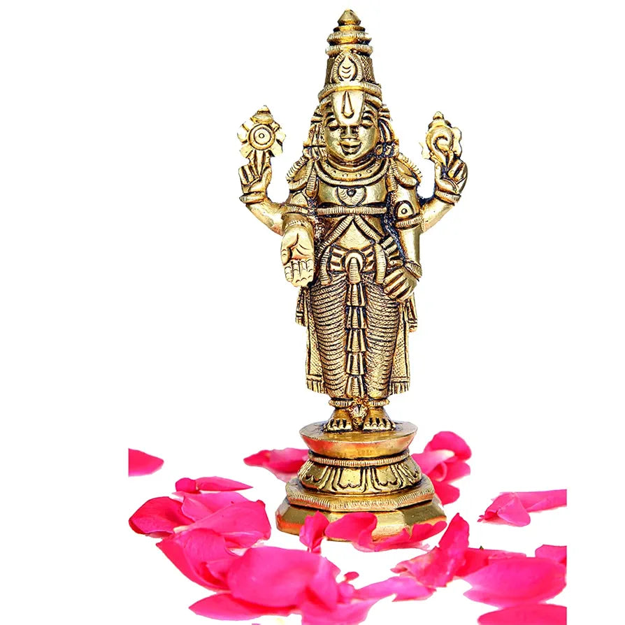 anciently Tirupati Balaji Idol Brass | Lord Venkateswara Idol Brass | Venkateswara Swamy Idol, Medium, 14.5 cm, Gold Colour - 
