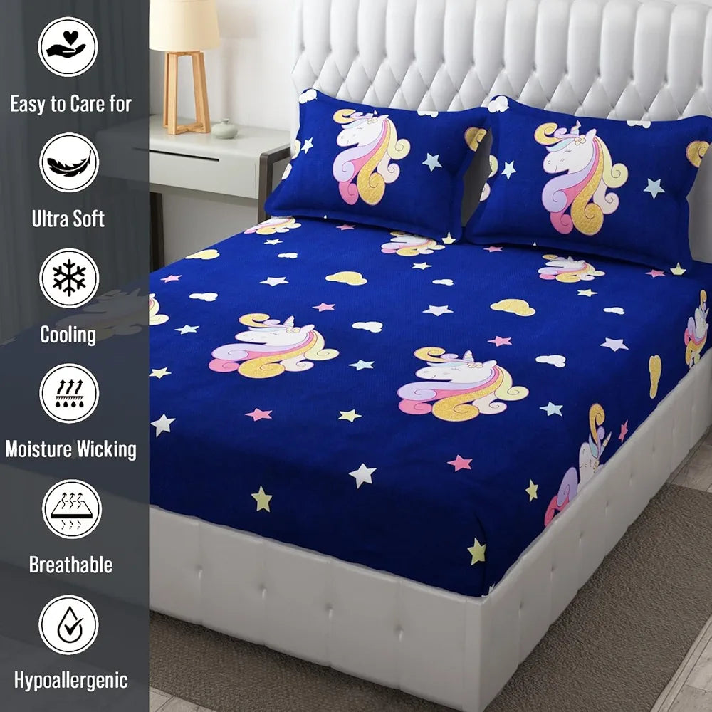 Fresh From Loom 300 TC Glace Cotton Wrinkle Free Soft Elastic Fitted Bed Sheet Cartoon Printed Bedsheets King Size For Kids With 2 Pillow Cover Dinosaur Blue