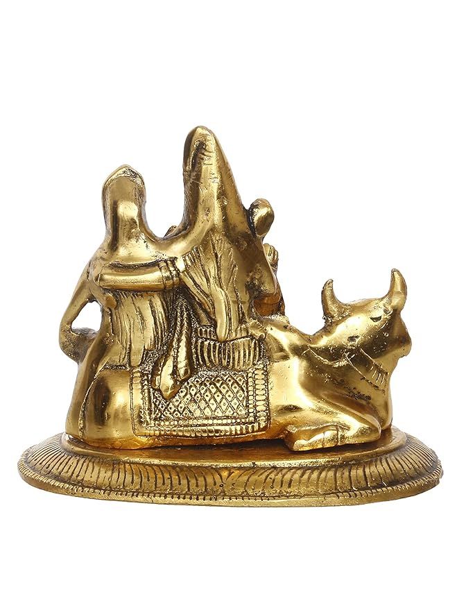 Ecraftindia Golden Metal Handcrafted Lord Shiva, Parvati, Kartik, and Ganesha Idol Sitting on Nandi Animal Figurine Decorative Showpiece