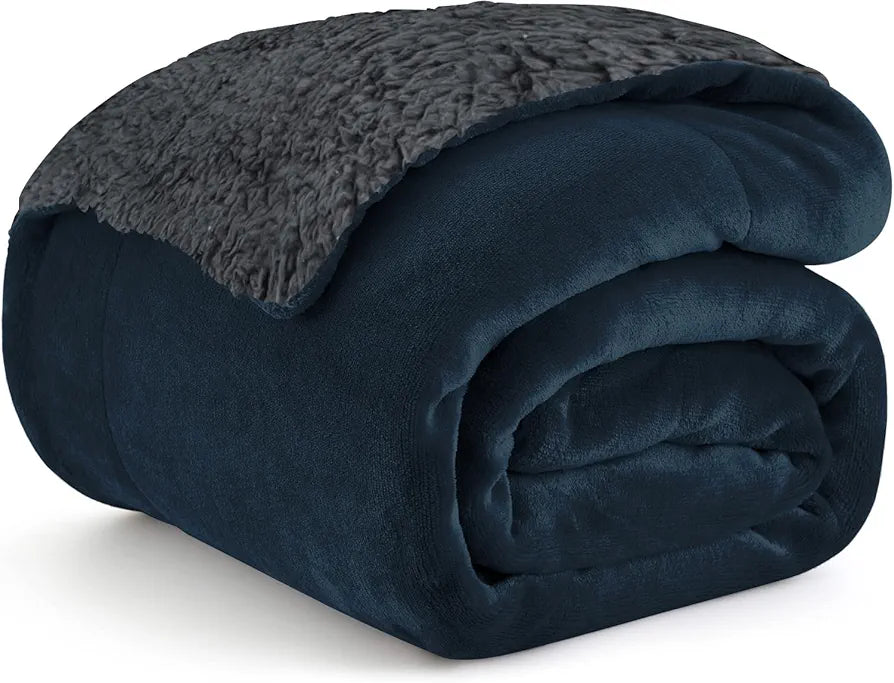Cloth Fusion Fleece Sherpa Blanket for Winter Single Bed Soft Quilt Blanket Navy