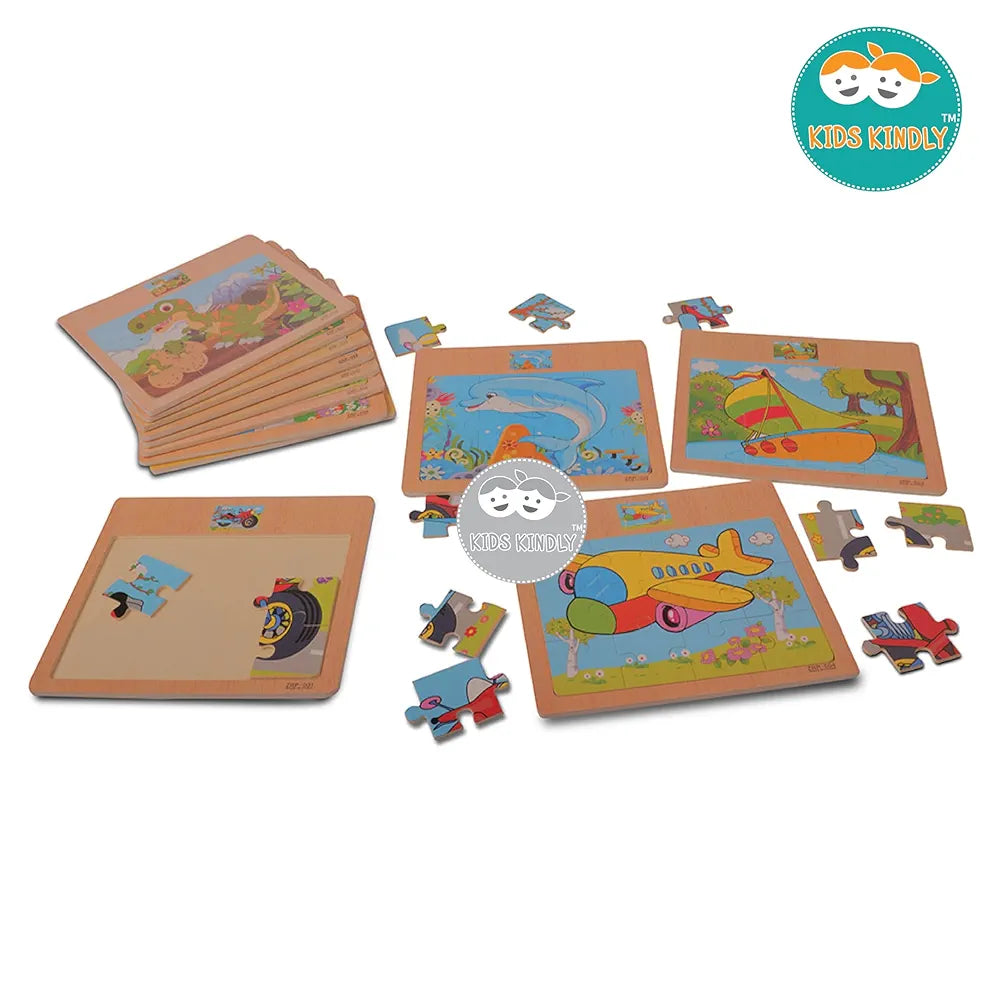 KIDS KINDLY Wooden 12 Piece Jigsaw Puzzle for Kids, Animals & Vehicle Theme Game, Promotes Fine Motor Skills, Improve Hand-Eye Coordination, Puzzle Game for Kids - 3 Years+  Random Design