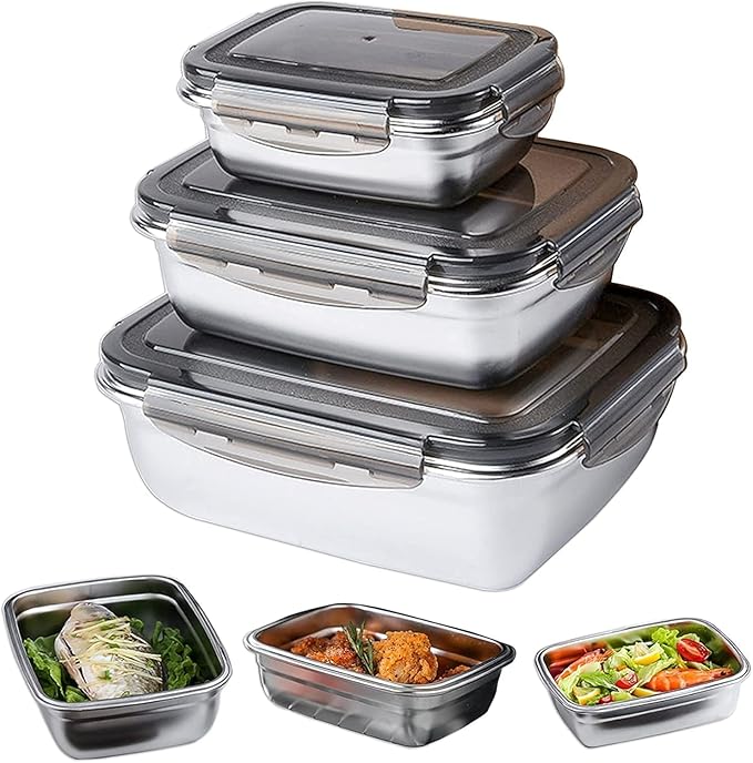 Femora High Alloy Steel Rectangle Airtight Leakproof Container With Lock Lid for Office | 350ml, 550ml, 850ml | Silver | Set of 3