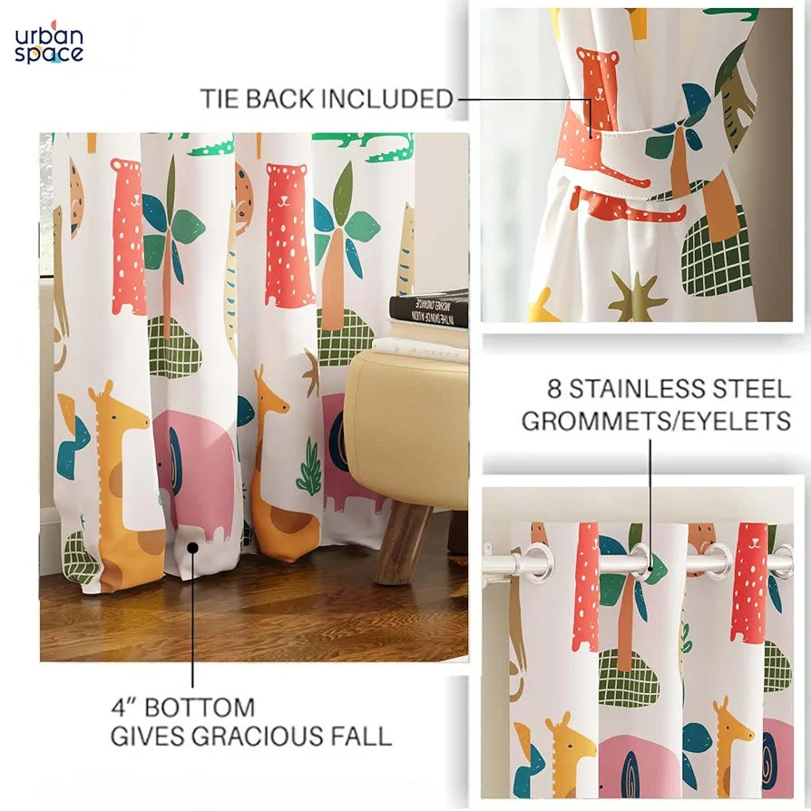 Urban Space Digital Printed Blackout Curtains for Door Bedroom Room Darkening Blackout Kids Decorative Curtains, 1 Piece Curtain Jungel Safari Buttercream