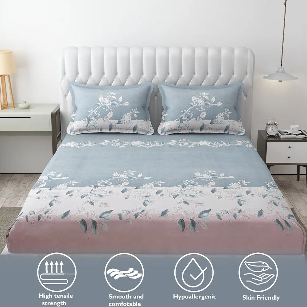 Fresh From Loom King Size Floral Print Microfiber Fitted Bedsheet Set 240 TC 2 Pillow Cover Grey Walnut