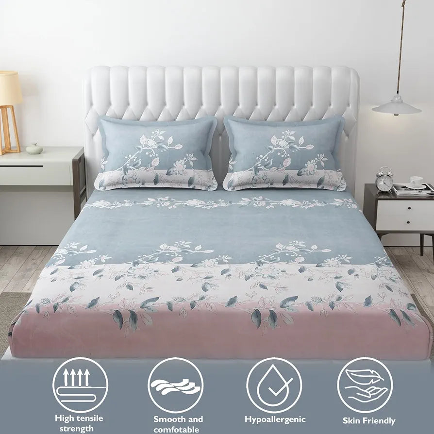 Fresh From Loom King Size Floral Print Microfiber Bedsheet Set 240 TC Anti Fade Includes 2 Pillow Cover Astar-Denim