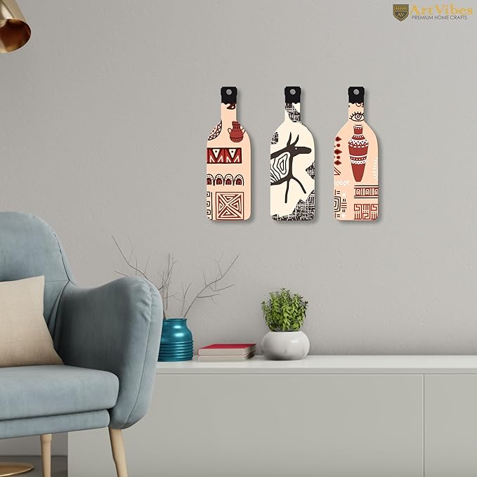 Artvibes African Warli Art Wooden Wall Hanging for Home Decor | Set of 3