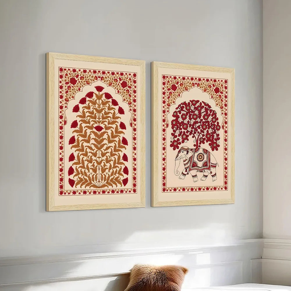 ArtX Paper Elephant Kalamkari Art Paintings with Frame Set of 2