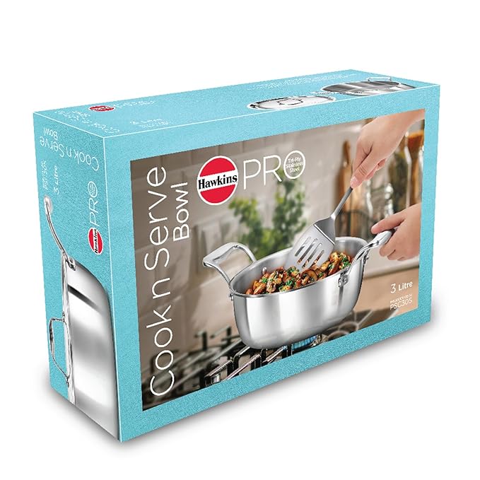 Hawkins 3 Litres Pro Triply Stainless Steel Cook N Serve Bowl With Steel Lid | Silver