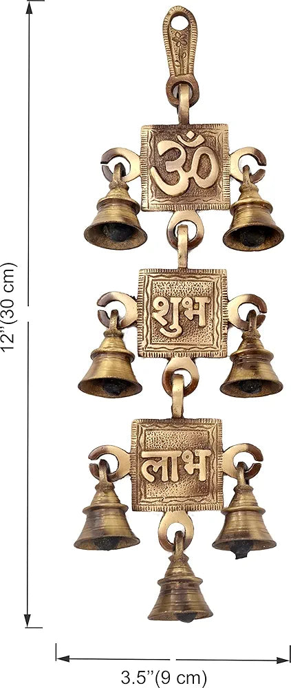 Two Moustaches Om Shubh Labh Design Brass Hanging Bells