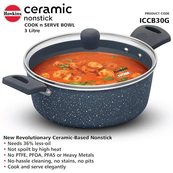 Hawkins Ceramic Nonstick Cook n Serve Bowl with Glass Lid 3 Litre Induction