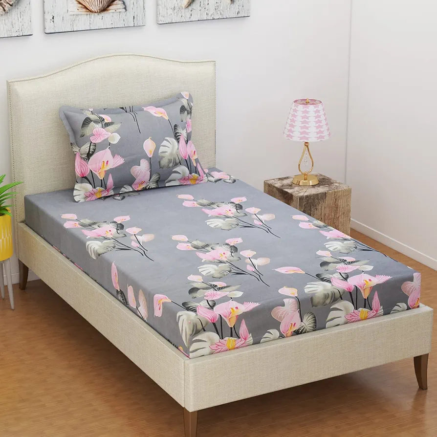 BSB HOME Premium Forever Modern Style Microfiber Floral Pattern 1 Single Size Bed bedsheet and 1 Pillow Cover Light Grey & White