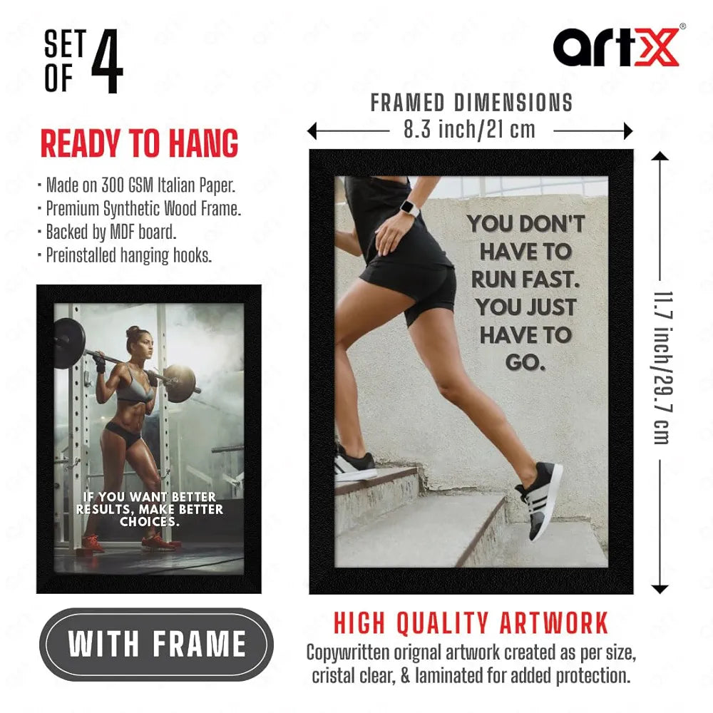 ArtX Paper Big Gym Health Quotes Wall Frame Art Painting AXF00178-MOT Set of 4