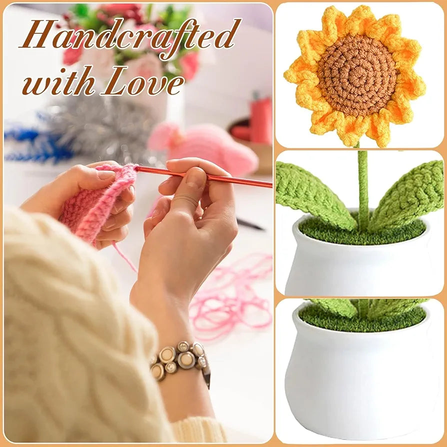 Handmade Crochet Sunflower Pot 1 PC Artificial Flower Knitted Wool Flower