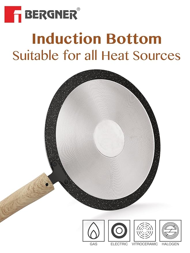 Bergner Earth Black Non-stick 26 Cm Concave Tawa | Wooden Finish Soft Touch Handle | 3mm Thickness | Consumes Less Oil