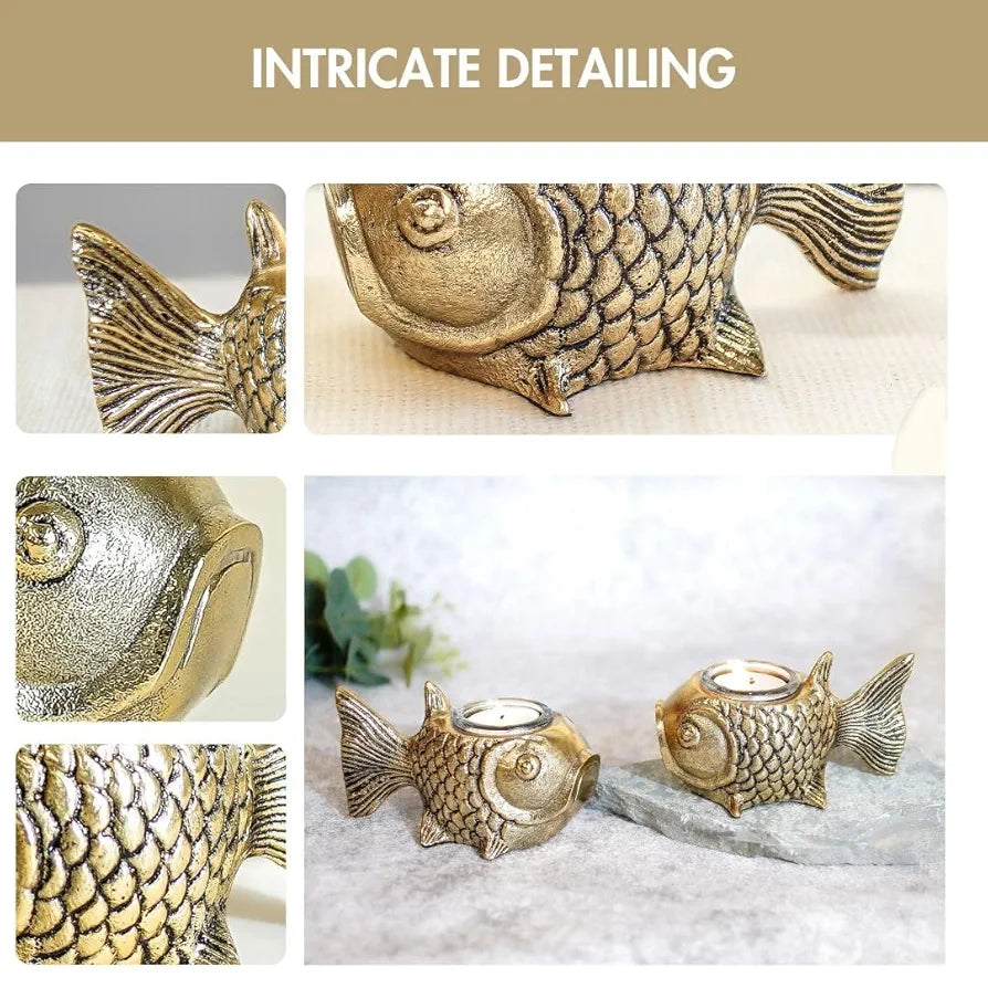BEHOMA Metal Fish Aluminum Figurine with Votive Good Luck and Success | Candle Holder for Home Decor Tabletop Living Room | Showpiece for Valentine's Day, Birthday, Gold