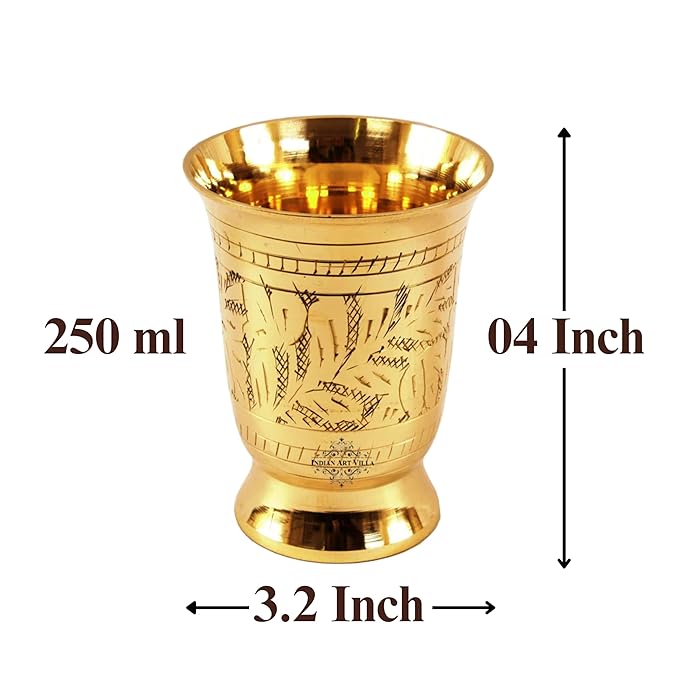 Indian Art Villa Pure Brass Glass Tumbler With Mughlai Etched Design - 215 gms