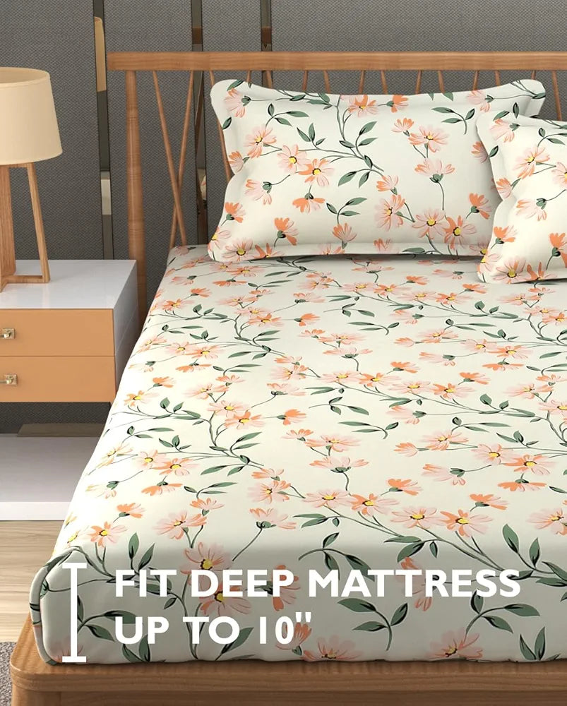 Fresh From Loom King Size Microfiber Floral Print Fitted Bedsheet 240 TC Hypoallergenic Includes 2 Pillow Covers Barely-Peach Barely-Peach
