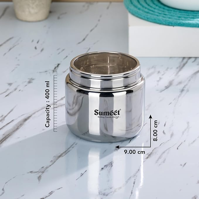 Sumeet Stainless Steel Small Storage Containers Lid Set of 2 Pcs 400ml Each 9cm Silver