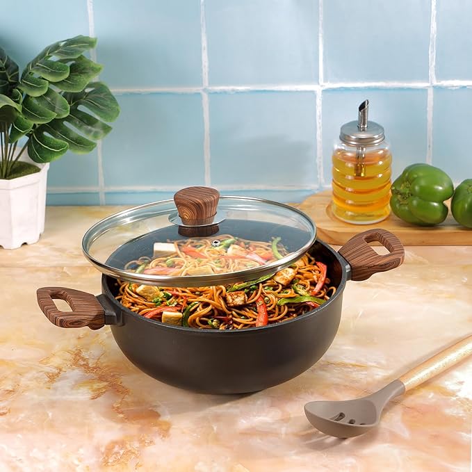 Vinod Zest Plus Die Cast Aluminium Kadhai with Glass Lid - 4 litre | Kadai for Cooking | 5mm Thick | 5 layer Coating