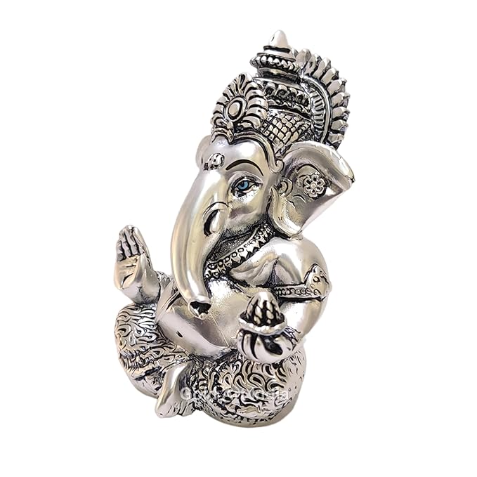 Gold Art India Matte Silver Plated Antique Mukut Ganesha Perfect for Gifting