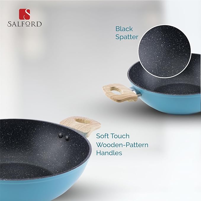 Salford by Ucook Forged Non-stick Kadhai + Glass Lid With Soft Touch Wooden Handle | Black Spatter Finish Dusty Blue- 240mm | 2.5 Litre