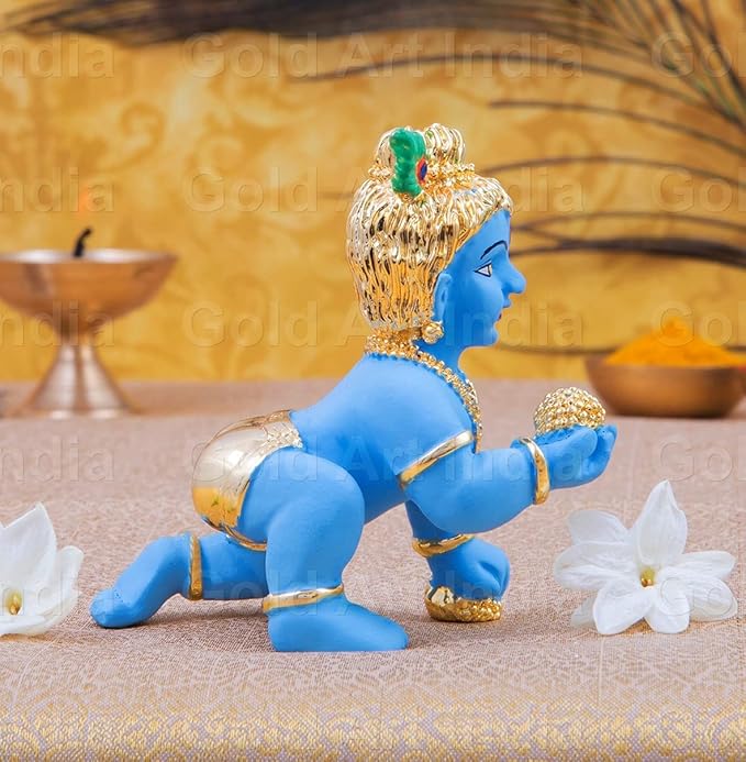 Gold Art India Ceramic Laddu Gopal Idol Gold pated with Blue Terracotta Finish Lord Krishna