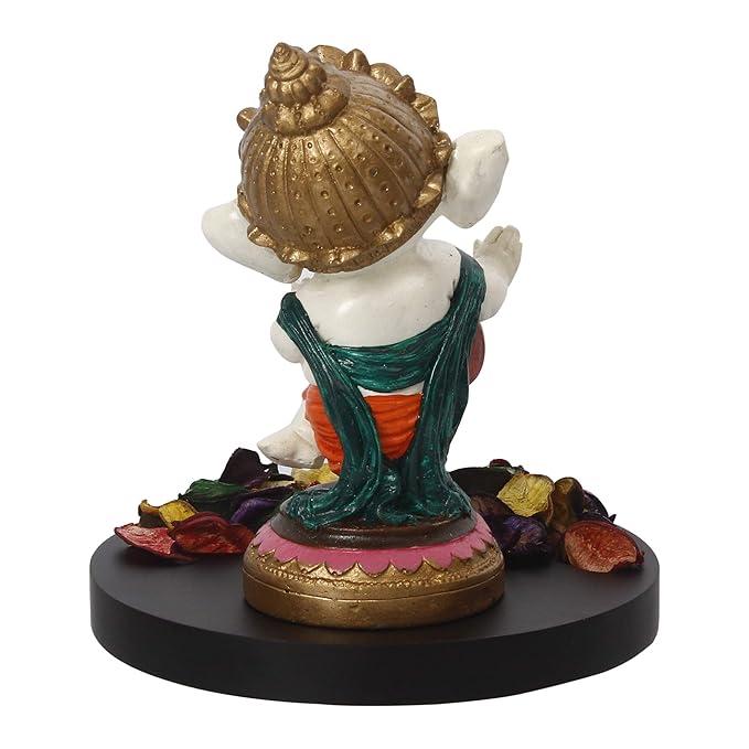 Ecraftindia Colorful Polyresin Lord Ganesha Idol Dancing and Playing Dholak Musical Instrument With Wooden Base