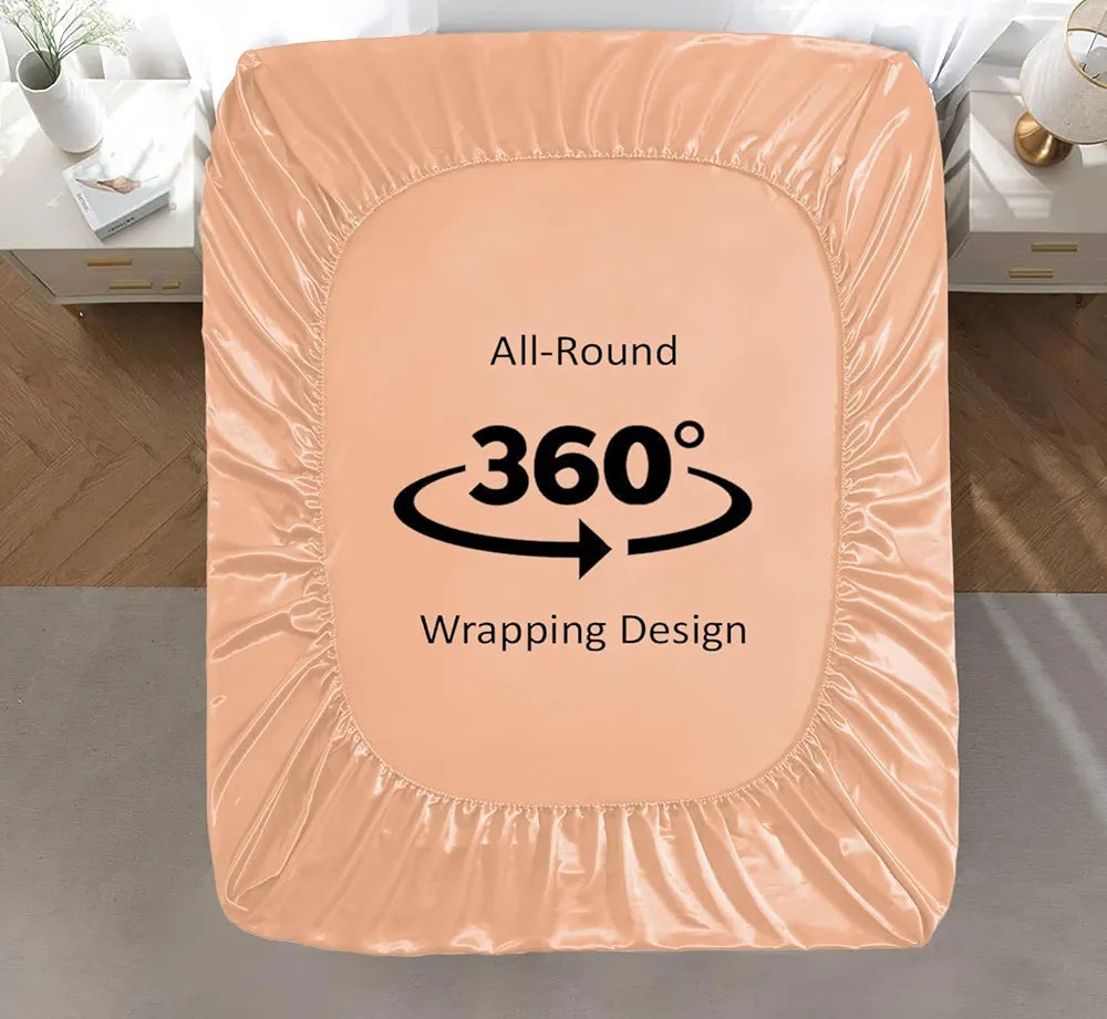 Cloth Fusion Satin Elastic Fitted Bedsheet for Double Bed King Size with 2 Pillow Covers H603 280 TC Peach