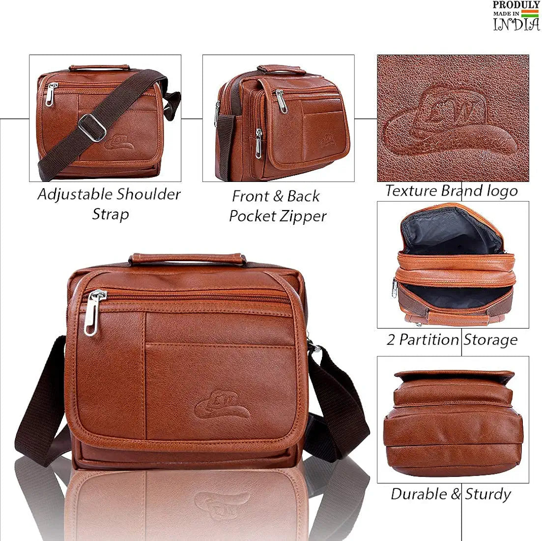 Leather World Sling Bag for Men PU Leather Messenger Cross Body Travel Office One Side Chest Shoulder Bag for Men & Women. - Tan