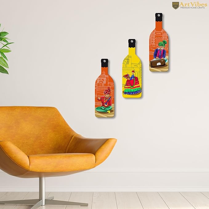 Artvibes Rajashtani Music Culture Wooden Wall Hanging for Home Decor | Set of 3