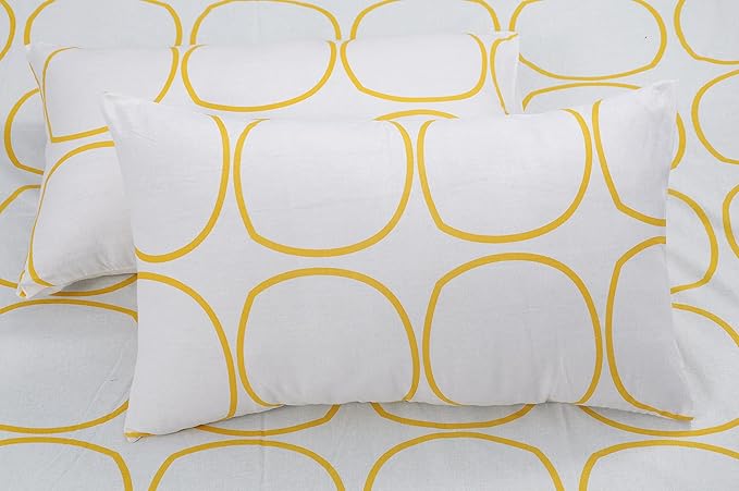 Huesland by Ahmedabad Cotton 144 TC Cotton Bedsheets for King Size Bed with 2 Pillow Covers | White (Yellow Circles)