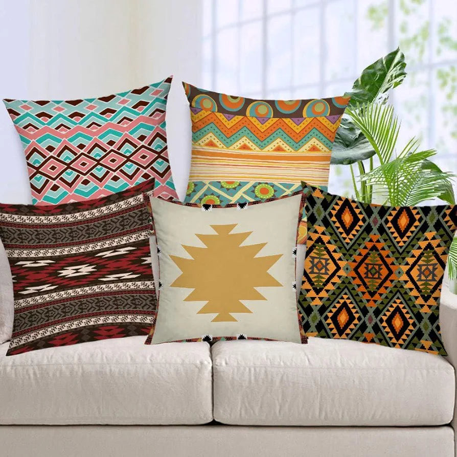 Aerohaven Jute 150 TC Tribal Motif Pillow Cushion Covers Geometric Style Set 5