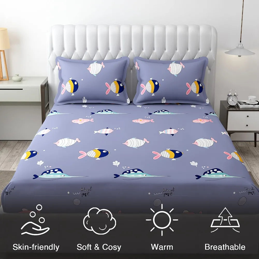Fresh From Loom Elastic Fitted Cartoon Printed Bedsheets for Kids with 2 Pillow Fish Blue Double Bed 300 TC Grizzlies