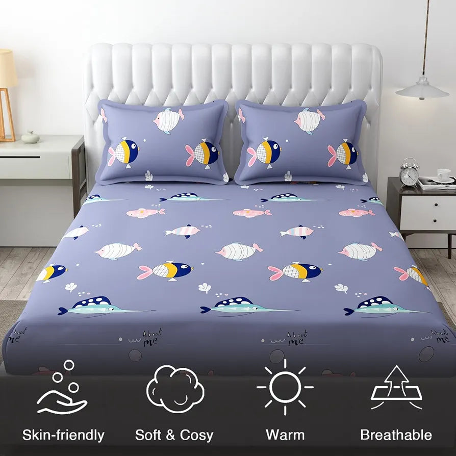 Fresh From Loom Bed Sheet Cartoon Printed Double Bedsheets King Size with 2 Pillow Cover 144 TC Grizzlies