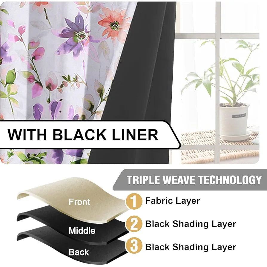Cloth Fusion Blackout Printed Premium Window Curtains 5 Feet Long Set of 2 Purple Lotus