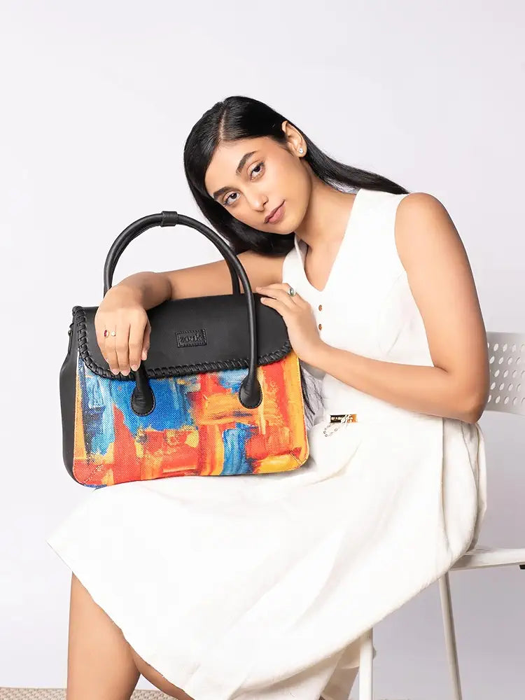 Zouk Printed Jute Handcrafted Vegan Leather & Jute Multicolor Women's Satchel Bag
